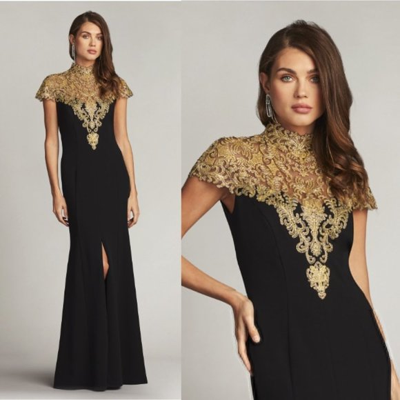 NWT Tadashi Shoji Rasha Embroidered Illusion Gown Dress Black Gold - Picture 1 of 2